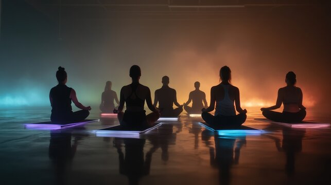 Diverse group meditating on smart yoga mats with syncing glow patterns, foggy forest backdrop