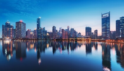 Naklejka premium modern illuminated city skyline at blue hour reflected in water
