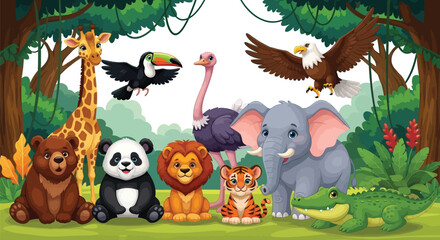Cartoon jungle animals illustration with elephant, lion, tiger and giraffe.