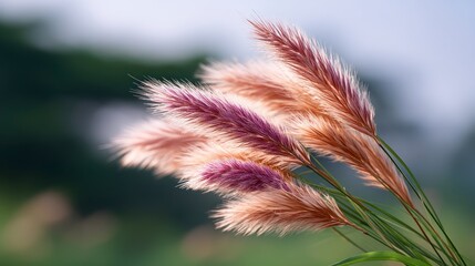 Close up of feathery ornamental grass plumes in shades of purple and brown backlit by soft light