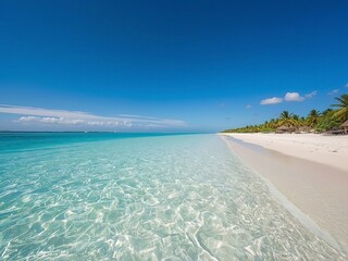Tropical beach paradise showcases pristine white sand, crystal clear turquoise ocean water, and vibrant blue skies, ideal for summer travel.