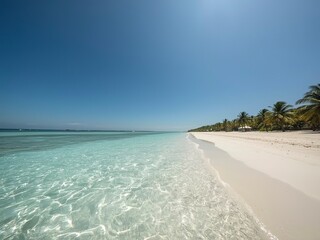 Serene tropical beach with clear turquoise water and white sand in a relaxing Caribbean vacation setting.