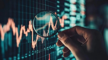 Hand holding a magnifying glass over a stock market chart- analyzing fluctuating trends and data...