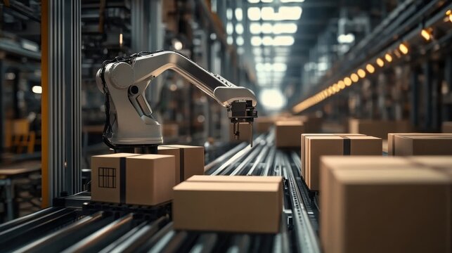 A robot arm operates with precision on a production line- moving boxes in a modern factory setting- symbolizing automation and efficiency.