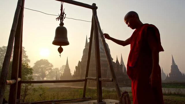 Buddhist monk ringing a bell at sunrise, ancient temples in the background