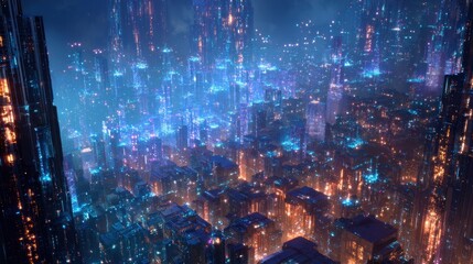 Fototapeta premium Vibrant photo of futuristic digital cityscape with glowing lights and holograms.