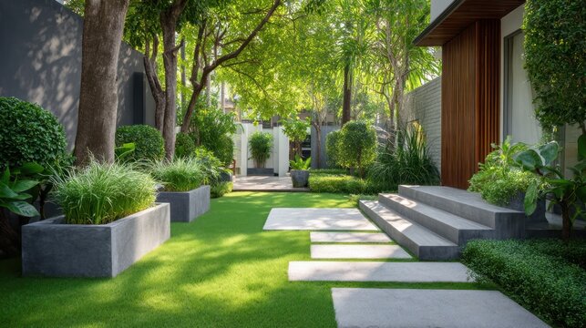 Minimalist home garden with clean green lawn, angular concrete paths, and modern planters
