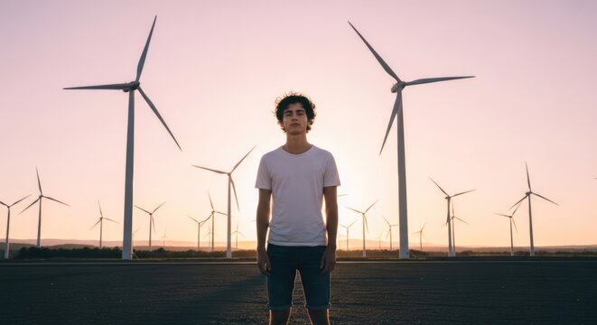 A young man standing in front of a field of wind turbines at sunset. - Powered by Adobe