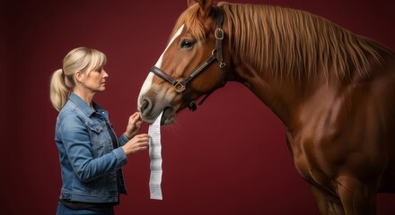 Obraz premium A person reading a piece of paper straight from the horse's mouth, recieving direct information