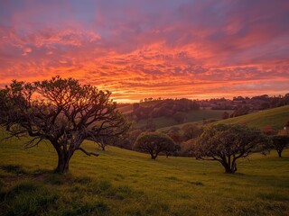 Vibrant sunset paints the sky over rolling green hills and trees, creating a tranquil and scenic landscape.