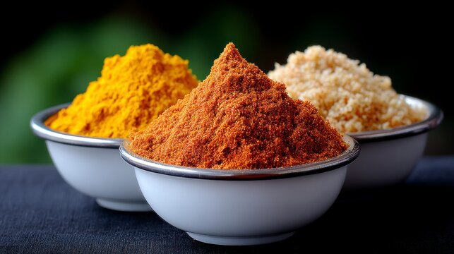 Three bowls of colorful spices yellow turmeric paprika and cumin seeds