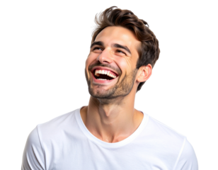 Happy Man Laughing with Shiny Healthy Teeth, Natural Expression, isolated on transparent background.