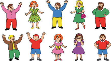 Cartoon diverse characters set, colorful outfits, happy expressions, standing poses, inclusive illustration, multicultural people, vector design, social concept, isolated graphic, family-friendly art