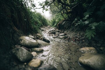 Serene forest pathway with flowing stream, surrounded by lush greenery and foggy atmosphere