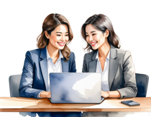 Watercolor Illustration of Business Colleagues Collaborating Over Laptop, Cheerful Office Scene, PNG Transparent Background
