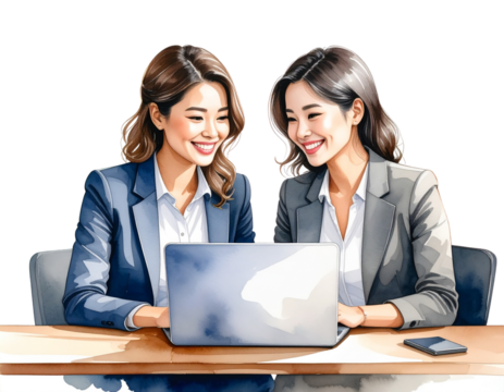 Watercolor Illustration of Business Colleagues Collaborating Over Laptop, Cheerful Office Scene, PNG Transparent Background