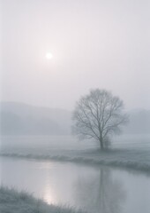 Serene winter landscape with tree.