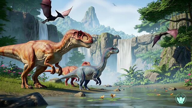 Pixel Art of Dinosaurs near Waterfall and Pond Under Blue Sky in Natural Landscape