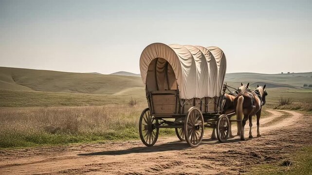 Covered wagon pulled by horses on rural road