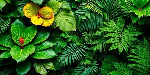 Fototapeta premium Lush, vibrant green tropical foliage wallpaper featuring monstera, palm, and fern leaves, backgrounds, foliage