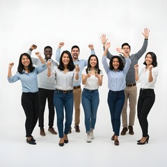 Obraz premium A diverse group of people celebrating, arms raised high