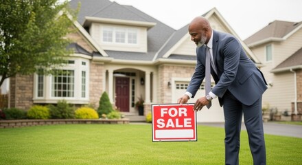 Real estate agent placing a property sale sign on a lawn of a suburban family house.