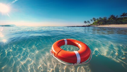 lifebuoy floats on clear water under sunlight at a tranquil beach in the afternoon