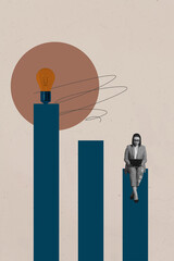 Image vertical artwork collage of happy businesswoman businessman stand chart light bulb idea...