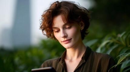 A young woman with short brown hair gazes downwards at a digital device outdoors amidst greenery and blurred cityscape