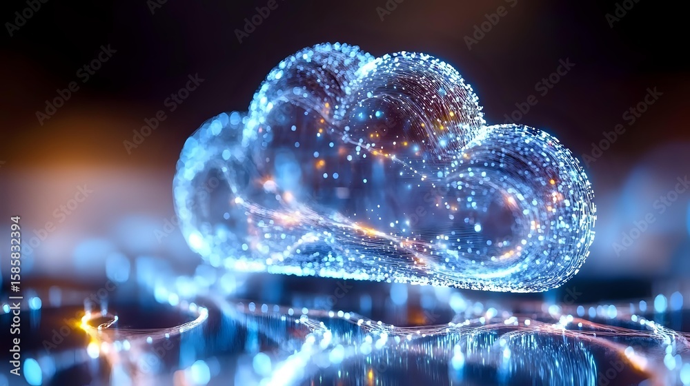 Poster glowing cloud computing symbol with sparkles and light trails on dark background, representing digit