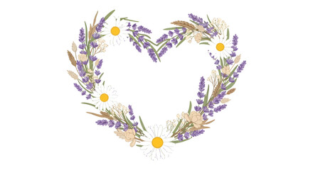 Floral Heart Wreath with Lavender, Daisies, and Beige Flowers Illustration