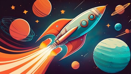 Naklejka premium retro futuristic rocket soaring past planets and stars