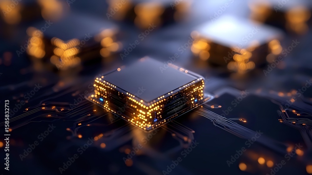 Poster glowing microchip on dark circuit board with golden light effects and bokeh. modern computer process