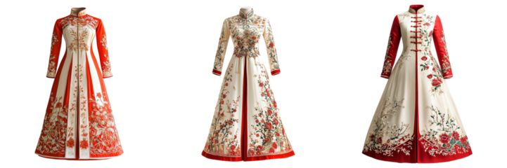 Set of Traditional Vietnamese Ao Dai Gowns with Long Sleeves and Detailed Botanical Embroidery Isolated on Transparent Background