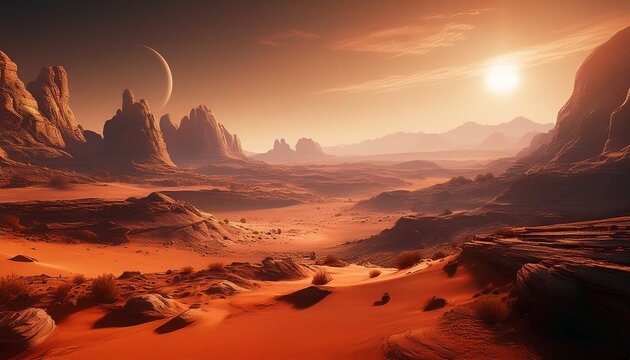 martian desert landscape with rocky terrain and warm sunlight