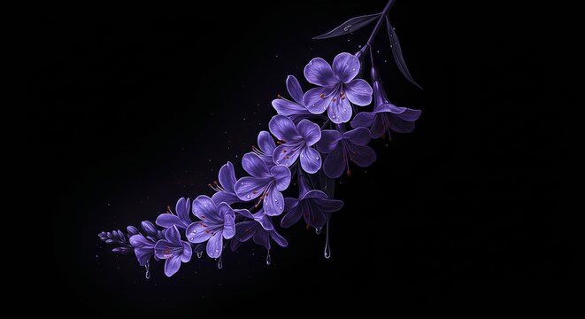 Delicate Purple Flowers with Water Drops Against a Dark Background
