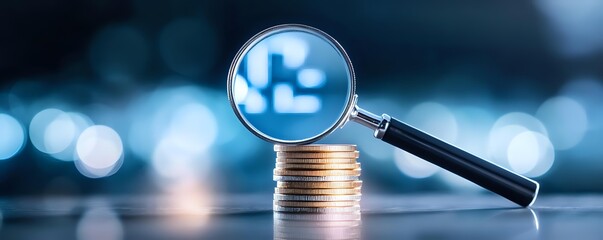 Stack of golden coins with magnifying glass showing puzzle pieces symbol on blurred blue bokeh background, financial analysis and business solution concept.