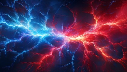 dynamic electric blue and red lightning bolts clash against a dark background creating a dramatic and vibrant visual effect