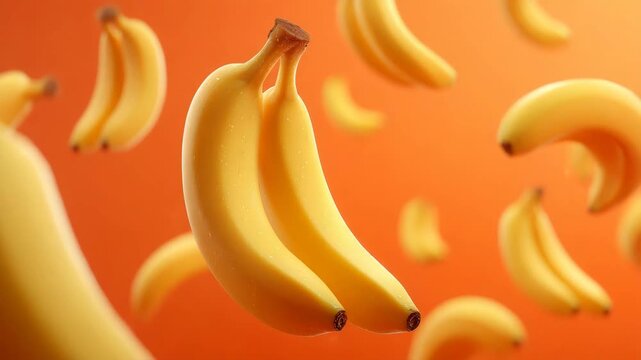 3D render of yellow bananas floating in air on orange background
