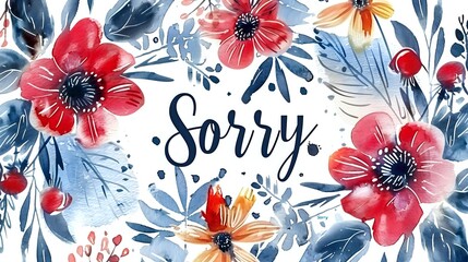 Watercolor floral arrangement with red poppies and navy blue leaves surrounding sorry text message, sympathy card design with delicate botanical elements.