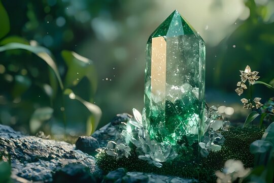 Large emerald green crystal formation emerging from rough stone with magical bokeh light effects and small white flowers in natural outdoor setting. - Powered by Adobe