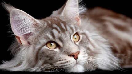 Close up portrait of a silver tabby Maine Coon cat with striking yellow eyes against a dark backdrop