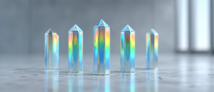 Five faceted polished crystals refracting rainbow light on a marble surface