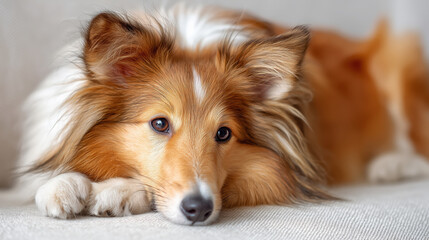 Naklejka premium Close-up portrait of a fluffy dog with a golden coat, resting comfortably on a soft surface, showcasing its expressive eyes and relaxed demeanor in a cozy indoor environment