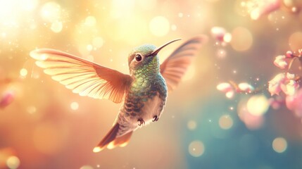 Obraz premium Hummingbird in flight amongst blossoms