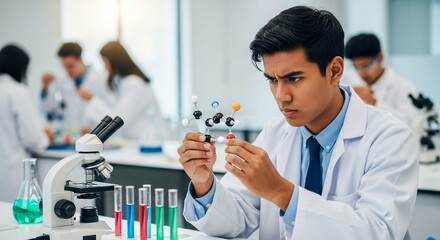 Young scientist is analyzing a molecular structure in the laboratory