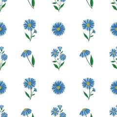 Obraz premium Seamless pattern of hand-drawn blue daisies with green leaves on a white background. Ideal for fabric, stationery, wallpapers, and surface design projects.