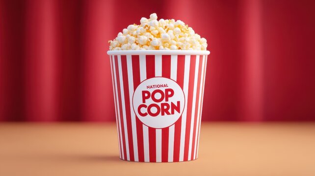 National Popcorn Day Background. Colorful popcorn cup filled with buttery popcorn against a vibrant red background for culinary and snack themes