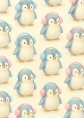 Cute penguins wearing colorful earmuffs.