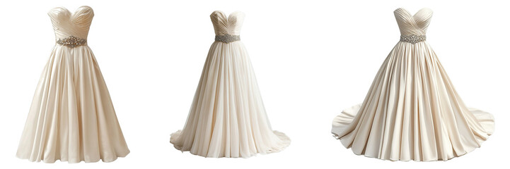 Strapless A-Line Wedding Dress with Sweetheart Neckline, Ruched Bodice, and Embellished Waistband Isolated on Transparent Background